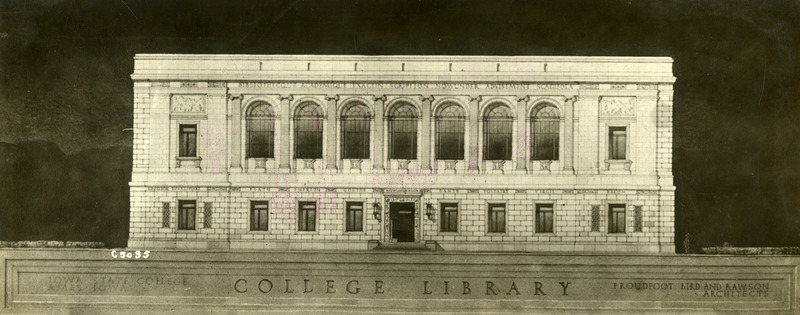 This architectural drawing of the original library building was prepared by Proudfoot, Bird and Rawson Architects.