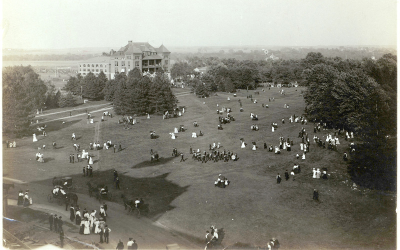 Black and white photograph of excursion day celebration at Iowa State College in 1906.