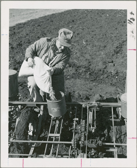 Seed corn is being poured into the container portion of a John Deere corn planter. The complete John Deere logo can easily be seen.