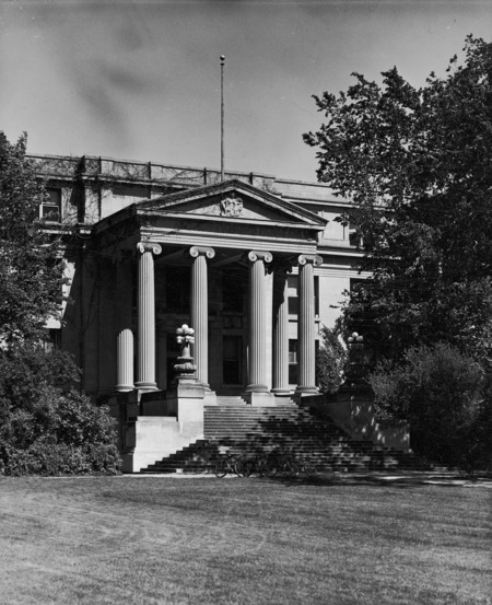 Bicycles are parked in the shade of a large tree in front of the entrance to Curtiss Hall, headquarters of the Division of Agriculture.