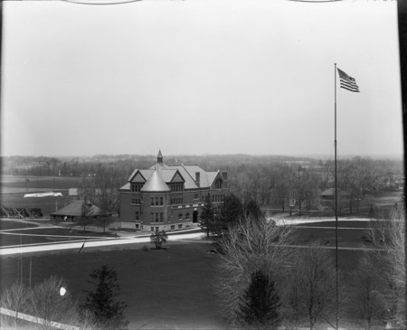 In this aerial view the Hub is to the left (west) of Morrill Hall.