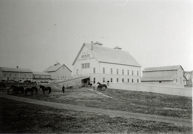 Photograph of the Iowa Agricultural College Experiment Barn with several horses and people in the foreground, and the first cattle barn in the background.