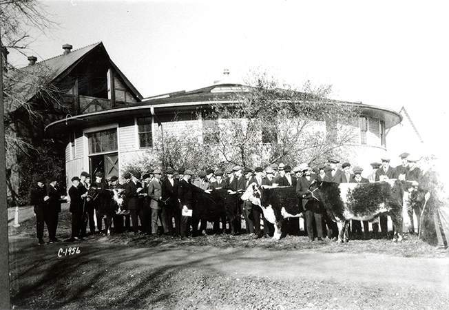 Photograph of a group of people standing with cattle in front of the Judging Pavilion. The horse barn is in the left background. The view is looking northwest.