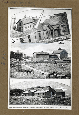 Etchings showing the horse, cattle, and swine barns, and the creamry. Images show general views of the buildings, with one showing horses, people, and livestock in the foreground in front of barns. Annotation: "Picture appears in 1883 catalogue. A swine house burned about 1885 and was probably the piggery. Horse Barn built 1970 Cattle barn built 1861."