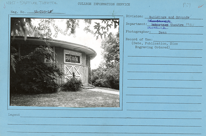 Photograph of the south doors of the Shattuck Theatre. The photograph is taken from the left, and the sign above the doors says "Jane Eyre."