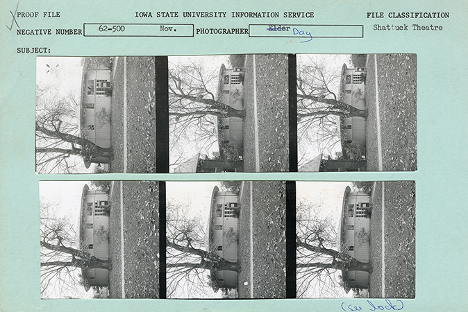 Eight photographs of Shattuck Theatre in the fall, taken from different angles.