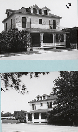 Three photographs of Bevier House taken shortly before it was demolished. The photos show three angles of the front of the house. The house is two stories and painted white. The paint on the second story is chipped. A sign on the front porch reads "Bevier House."