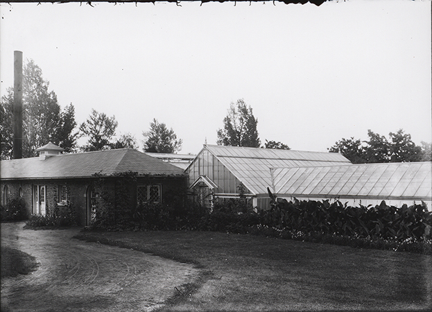 Photograph of a greenhouse on campus. It is long with an angled roof. A brick building sits in front of it. It served at different times as a potting and storage shed and the Ceramic Studio.