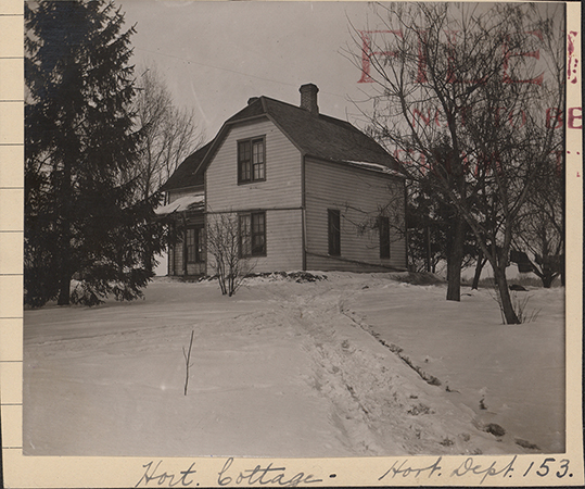 Photograph of Grounds Cottage in the winter. At the time, it housed the Horticulture Department. The snow is deep and tracks are visible leading towards the house.