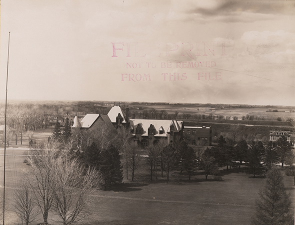 Photograph of the south side of Margaret Hall. MacKay Hall can be seen to the north (right).