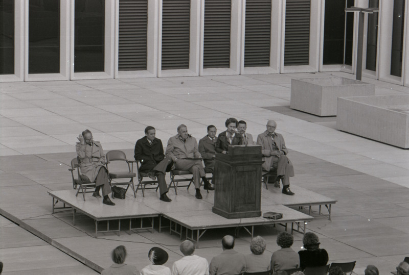 Photograph of the dedication ceremony for the Iowa State University College of Veterinary Medicine building