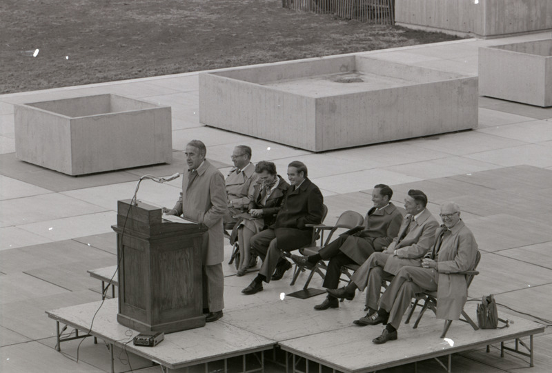 Photograph of the dedication ceremony for the Iowa State University College of Veterinary Medicine building