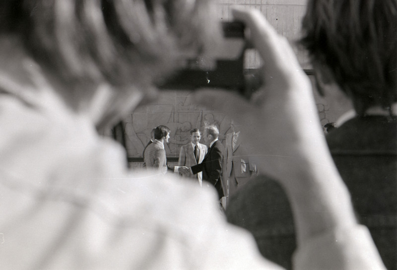 Photograph of President Gerald Ford's visit to the Iowa State University College of Veterinary Medicine building