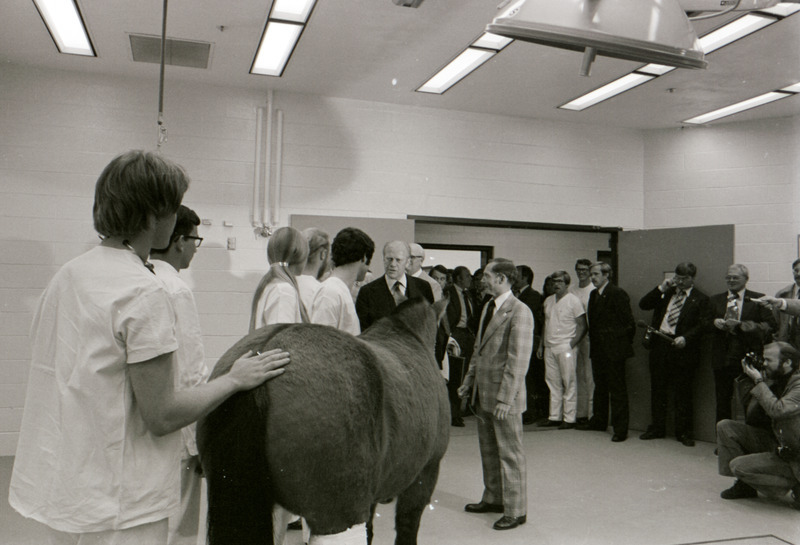 Photograph of President Gerald Ford's tour of Iowa State University College of Veterinary Medicine building