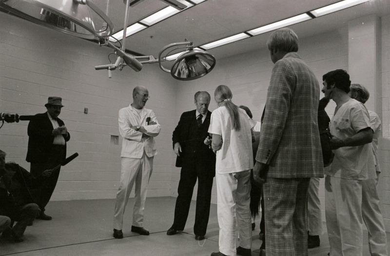 Photograph of President Gerald Ford's tour of Iowa State University College of Veterinary Medicine building