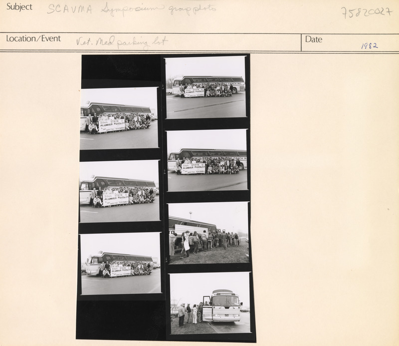 Annotation: "SCAVMA Symposium group photo. Vet. Med. parking lot"