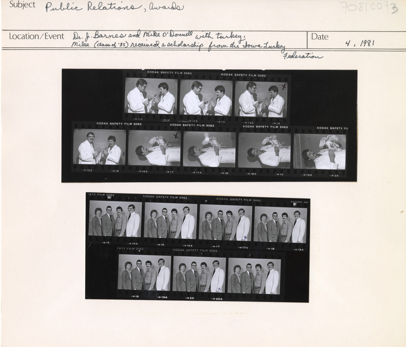 Annotation: "Public Relations, Awards. Dr. J. Barnes and Mike O'Donnell with turkey. Mike (class of '85) received a scholarship from the Iowa Turkey Federation"