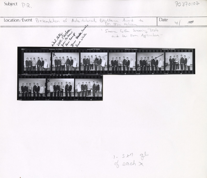 Annotation: "P.R. Presentation of Autotutorial Excellence Award to Dr. Jim McKean, 'Swine Sulfur Screening Tests and the Farm Application.' Rikel Getty, Dave Fincham, Jim McKean, Ron Earp, Tom Favale, Dave White"