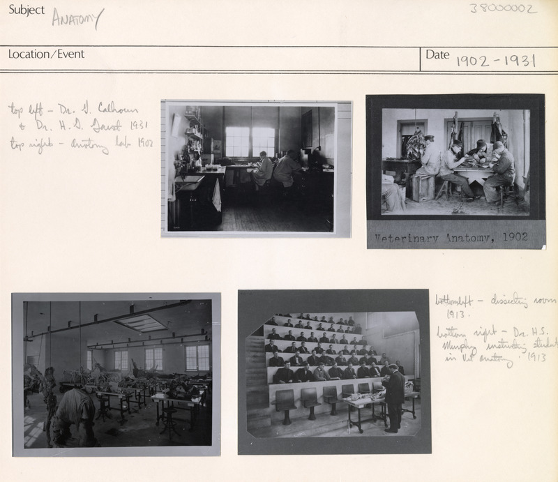 Annotation: "Anatomy. Top left - Dr. G. Calhoun & Dr. H. G. Garst 1931. Top right - Anatomy lab 1902. Bottom left - dissecting room 1913. Bottom right - Dr. H. S. Murphy instructing students in vet anatomy 1913."