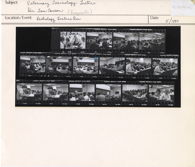 Annotation: "Veterinary Toxicology Lecture. Dr. Tom Carson (Diagnostic). Pathology Lecture Rm."