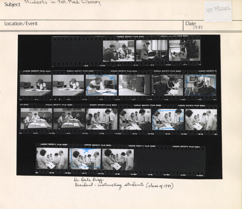 Images of students in the Veterinary Medical Library; bottom row are photographs of Dale Rigg (right) instructing students Cynthia Rigoni, Elizabeth Thatcher, Suzanne Pezzanite, and Robert Bledsoe in the application of lightweight orthopedic gauze. Annotation: "Students in Vet. Med. Library. Dr. Dale Rigg. Resident - instructing students (class of 1980)"