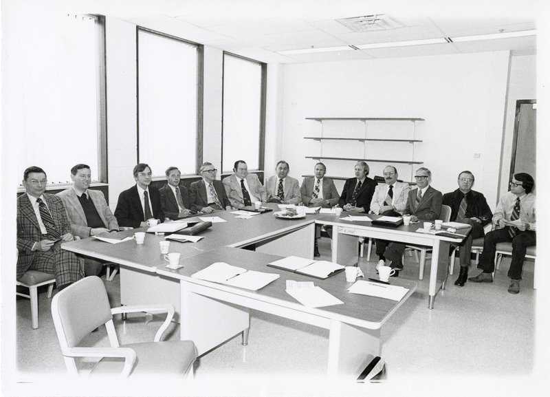 Photograph of the first cabinet meeting in the new College of Veterinary Medicine building (later named Patterson Hall)