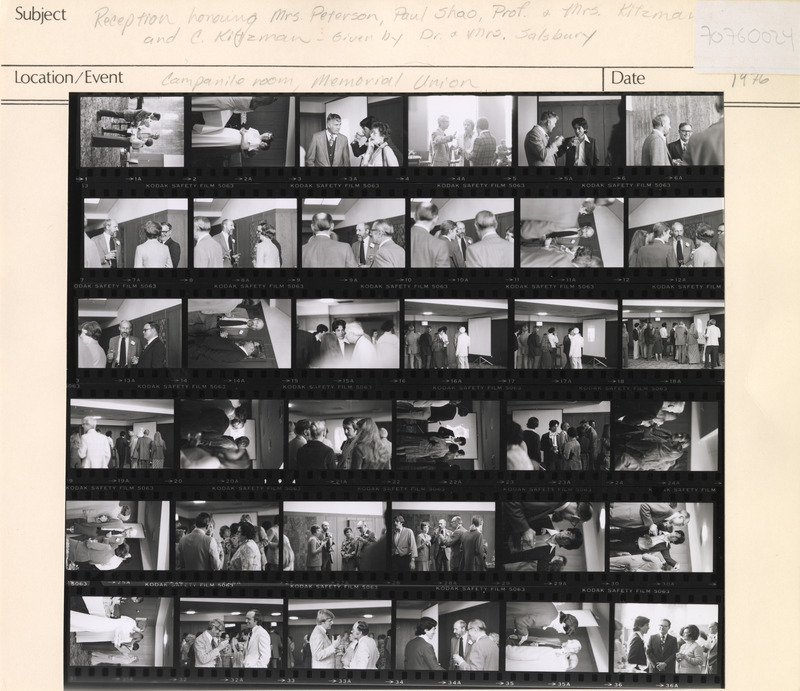 Annotation: "Reception honoring Mrs. Peterson, Paul Shao, Prof & Mrs. Kitzman, and C. Kitzman - given by Dr. & Mrs. Salsbury. Campanile room, Memorial Union"