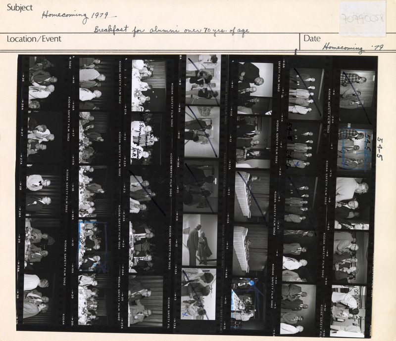Annotation: "Homecoming 1979. Breakfast for alumni over 70 years of age. Dr. P. Pearson. Dr. m. Emmerson. Dr. M. Sloss"