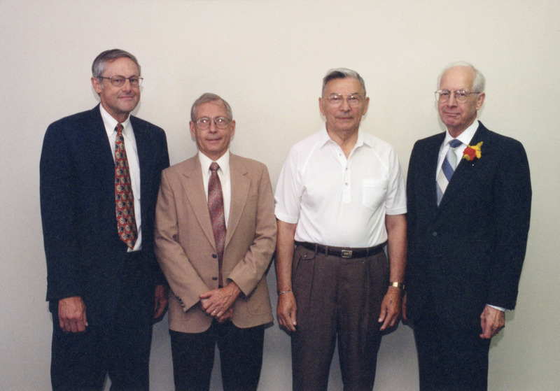 Annotation: "Four former deans for the College of Vet. Medicine - L to R - R. Ross, P. Pearson, D. Baker, G. Christensen