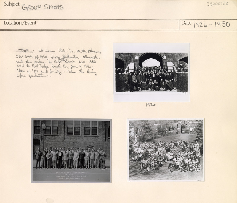 Class of 1926 (top); Class of 1936 at the Fort Dodge Serum Co. (bottom left); and Class of 1950 with their families (bottom right). Annotation: "Top: Vet class 1926. Dr. Walter Peterson, ISU DVM of 1930, from Stillwater, Minnesota, sent this picture to ISU; (bottom L to R) Senior class 1936 visit to Fort Dodge Serum Co., June 4, 1936; Class of '50 and family - taken the spring before graduation."