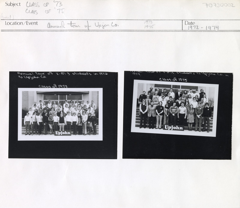 Annotation: "Class of '73. Class of '75. Annual tour of Upjohn Co. (left) Annual tour of V-M3 students in 1972 to Upjohn Co. Class of 1973. (right)Annual tour of V-M3 students to Upjohn Co. in 1974. Class of 1975"