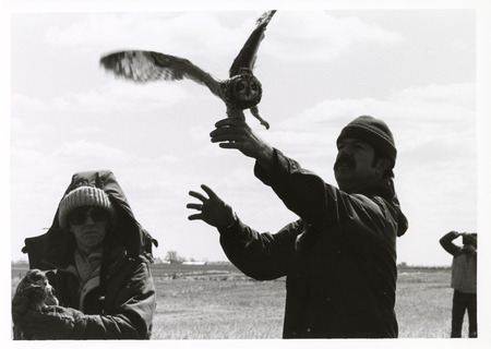 Photograph of people holding owls outside