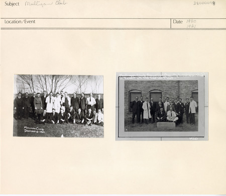 Annotation: "Mulligan Club, December 6 - 1921 (left). Mulligan Club Reunion (faculty luncheon club) in front of Old Serum Plant - 1920 (right)"
