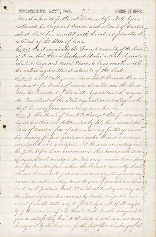 Legislative act of 1858 by the Iowa legislature establishing the Iowa State Agricultural College and Farm, what would become Iowa State University of Science and Technology.