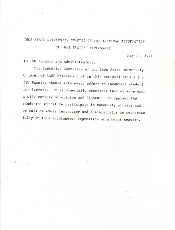 Statement of faculty support of student protest against the Vietnam War.