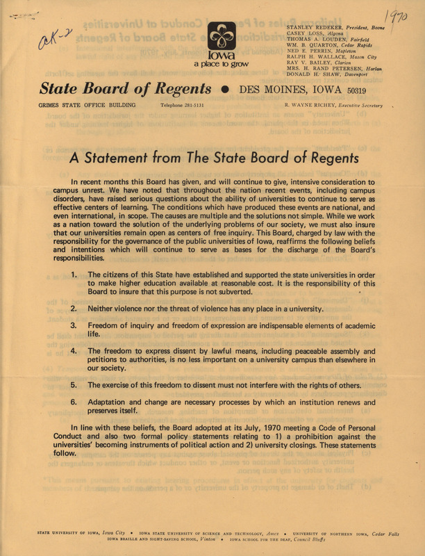 Official statement from the Board of Regents condemning acts of violence in student protests and announcing the establishment of a formal Code of Personal Conduct prohibiting "against the universities' becoming instruments of political action.".
