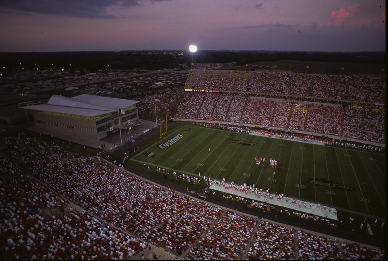 Aerial view of at football game at Jack Trice Stadium against Oklahoma State, August 30, 1997.