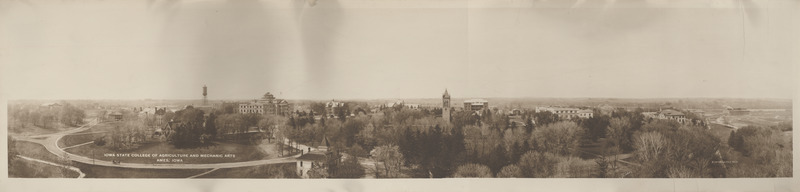 Panoramic photograph of Iowa State University campus as seen from the south looking north onto central campus.