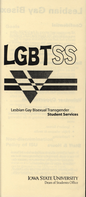 A brochure from the Lesbian, Gay, Bisexual & Transgender Student Services Office at Iowa State University. The brochure describes their mission, the services they offer, and the goals of the office.