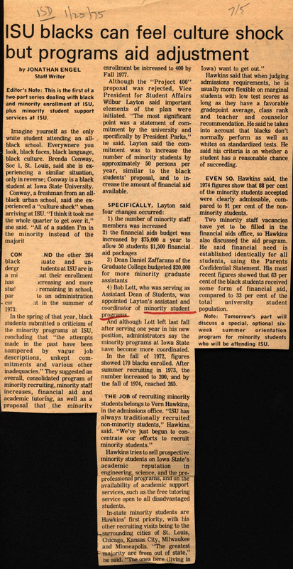 Newspaper clipping from the Iowa State Daily. Article features quotes from Vern Hawkins in his recruitment position in the ISU admissions office.