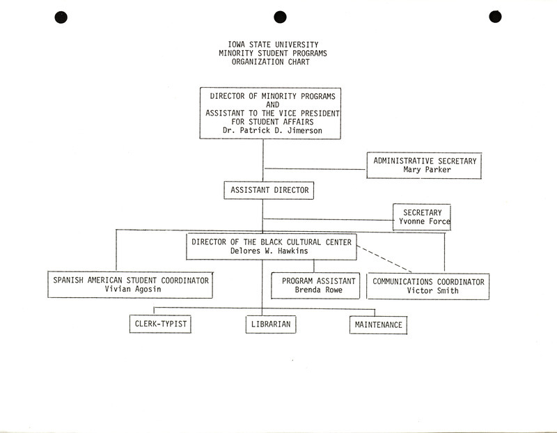 A visual organizational chart illustrating positions held and the reporting hierarchy maintained in 1976 by the Office of Minority Student Programs (now the Office of Multicultural Student Affairs).