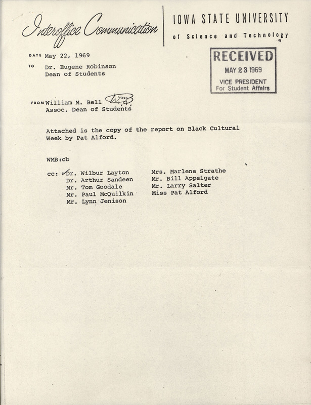 Copy of a report written by student Pat Alford addressed to Dean of Students Eugene Robinson. The report details activities throughout the first Black Cultural Affairs Week, April 27-29, 1969.