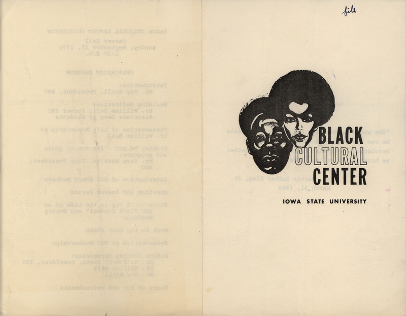 Program from the dedication of the Black Cultural Center at Iowa State University, Sunday, September 27, 1970.