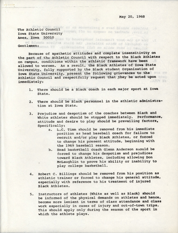 Letter from Black athletes at Iowa State to the Athletic Council. The letter listed grievances that came to be known as the "Eight Grievances."