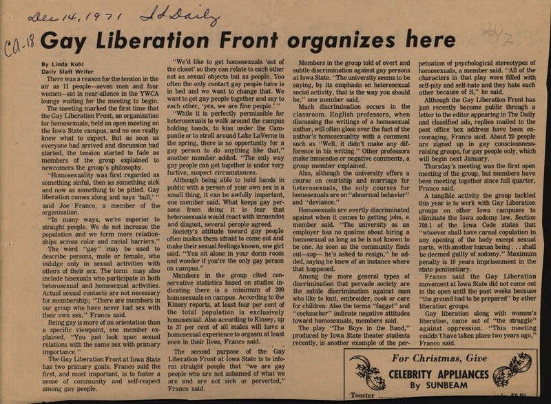 Iowa State Daily article describing early LGBTQ+ activism on campus.