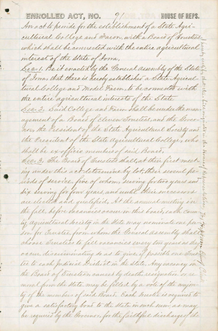 Legislative act of 1858 by the Iowa legislature establishing the Iowa State Agricultural College and Farm, what would become Iowa State University of Science and Technology.
