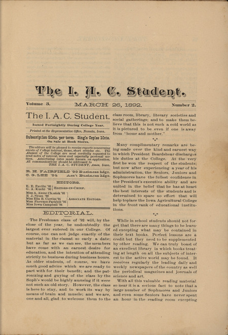 Early issue of the Iowa State College Student, later to become the Iowa State Daily.