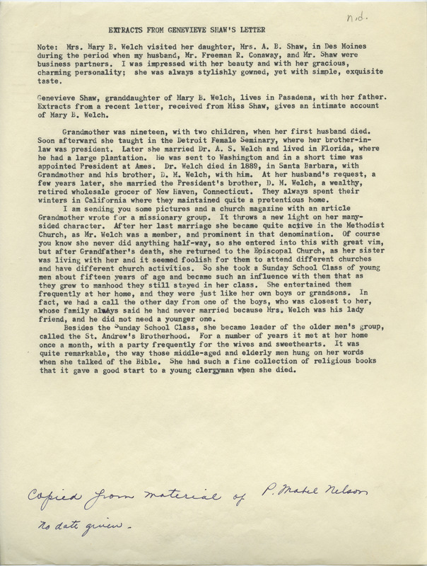Contains information on the Welch and Shaw families including Anna Shaw (daughter of Mary Welch), Anna Shaw's husband A. B. Shaw, and Lily Beaumont Graham (Mary Welch's sister).