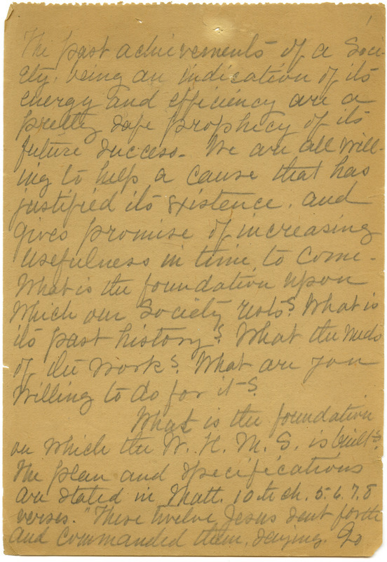 A speech given by Mary Welch to the W. H. M. (Woman's Home Missionary) Society. Welch discusses the society's missionary work throughout the southern and southwestern United States.