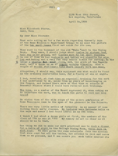 Letters written by Mary Welch to friends at Iowa State. Includes a description of the early years of the Department of Domestic Economy and letters written to Edgar and Margaret Stanton when the Welches were in Europe and after they returned.